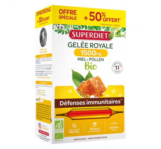 Защита иммунитета Superdiet Gelée Royale Bio Miel d’Acacia 30 флаконов  