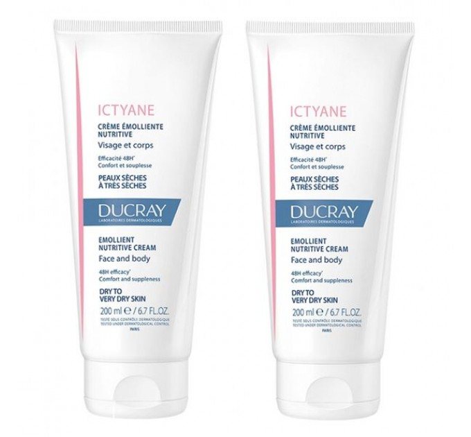 Смягчающий крем для сухой кожи Ducray ictyane Crème Emolliente Nutritive Visage & Corps 2x200 мл