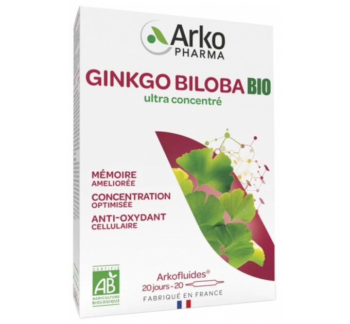 Ампулы гингко билоба для улучшения памяти и концентрации Arkopharma Arkofluides Ginkgo Biloba Bio 20 ампул 