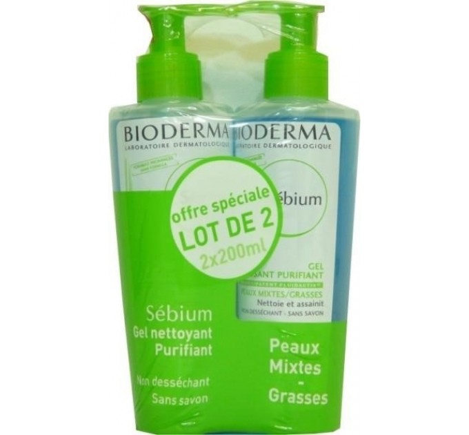 Очищающий очищающий гель Bioderma Sebium, партия 2 * 200 мл