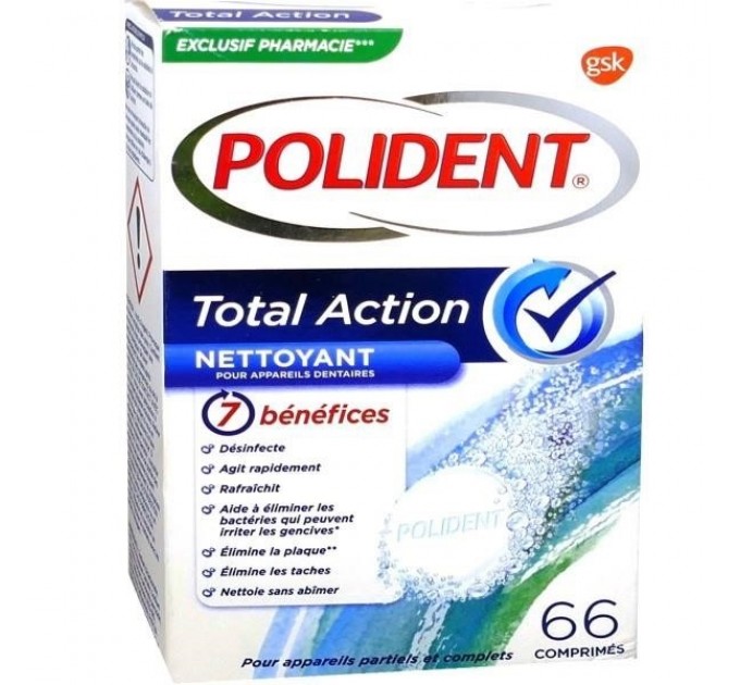 Очищающие таблетки для зубных протезов TOTAL ACTION POLIDENT 66 таблеток