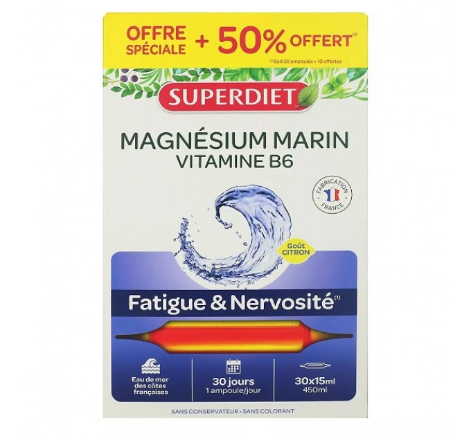 Морской магний с витамином B6 SUPERDIET MAGNESIUM MARIN 30 ампул по 15 мл